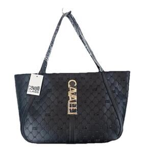 Cavalli Class Sandra Shopper Tote Bag Black Debossed Designer Handbag MSRP $118